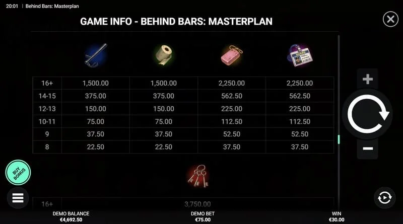 Behind Bars Masterplan - ekran s trenutnom isplatom Instant Win